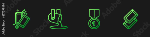 Set line Gold medal, bars, Molten gold being poured and . Gradient color icons. Vector