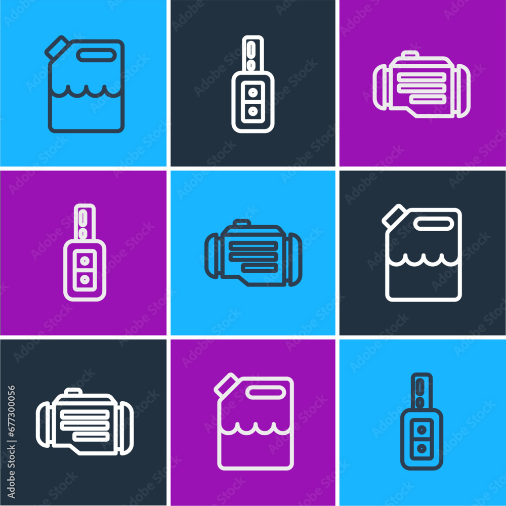 Set line Canister for gasoline, Check engine and Car key with remote icon. Vector Set line Canister for gasoline, Check engine and Car key with remote icon. Vector