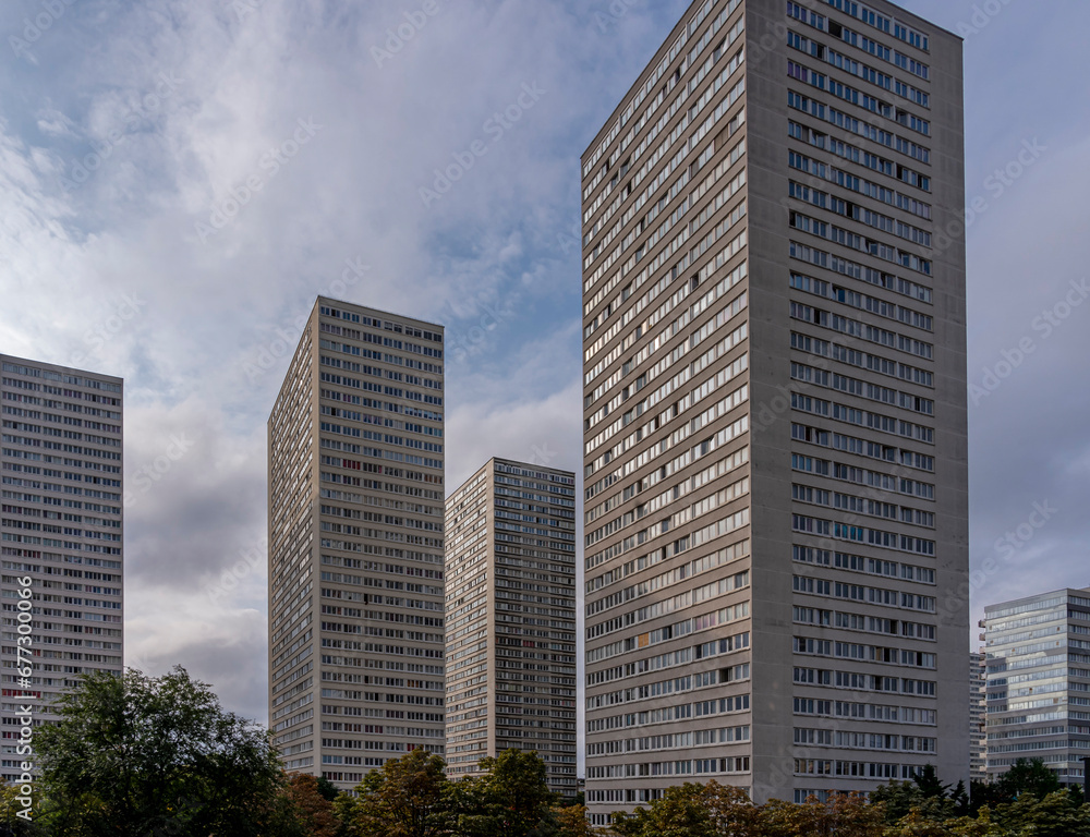 Ivry-Sur-Seine, France - 09 20 2021: View of vertiginous and vertical gray buildings .