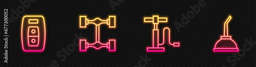 Set line Car air pump, key with remote, Chassis car and Canister for motor machine oil. Glowing neon icon. Vector