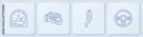 Set line Motor gas gauge, Car muffler, Check engine and Steering wheel. White square button. Vector