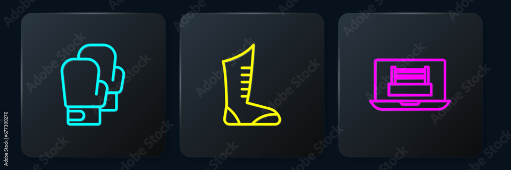 Set line Boxing glove, ring and Sport boxing shoes. Black square button. Vector Set line Boxing glove, ring and Sport boxing shoes. Black square button. Vector