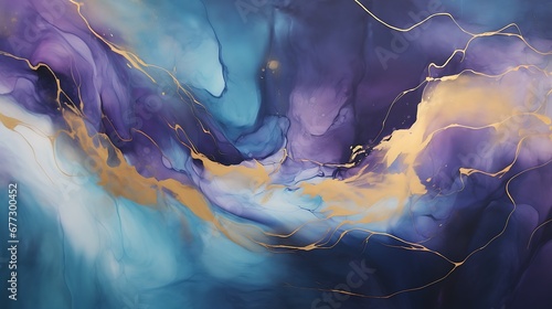 Abstract background of acrylic paint in blue, yellow and purple colors.