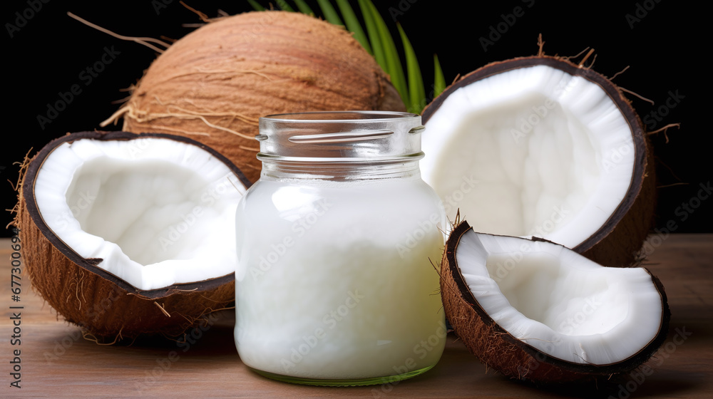 Still life with coconut oil and fat in bottles with coconuts and palm leaves as decortation on a wooden table against a dark background Still life with coconut oil and fat in bottles with coconuts and palm leaves as decortation on a wooden table against a dark background