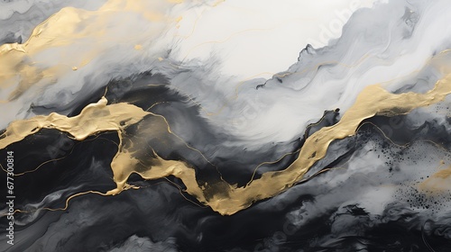 Marble abstract background with gold and black paint. Liquid marble pattern.