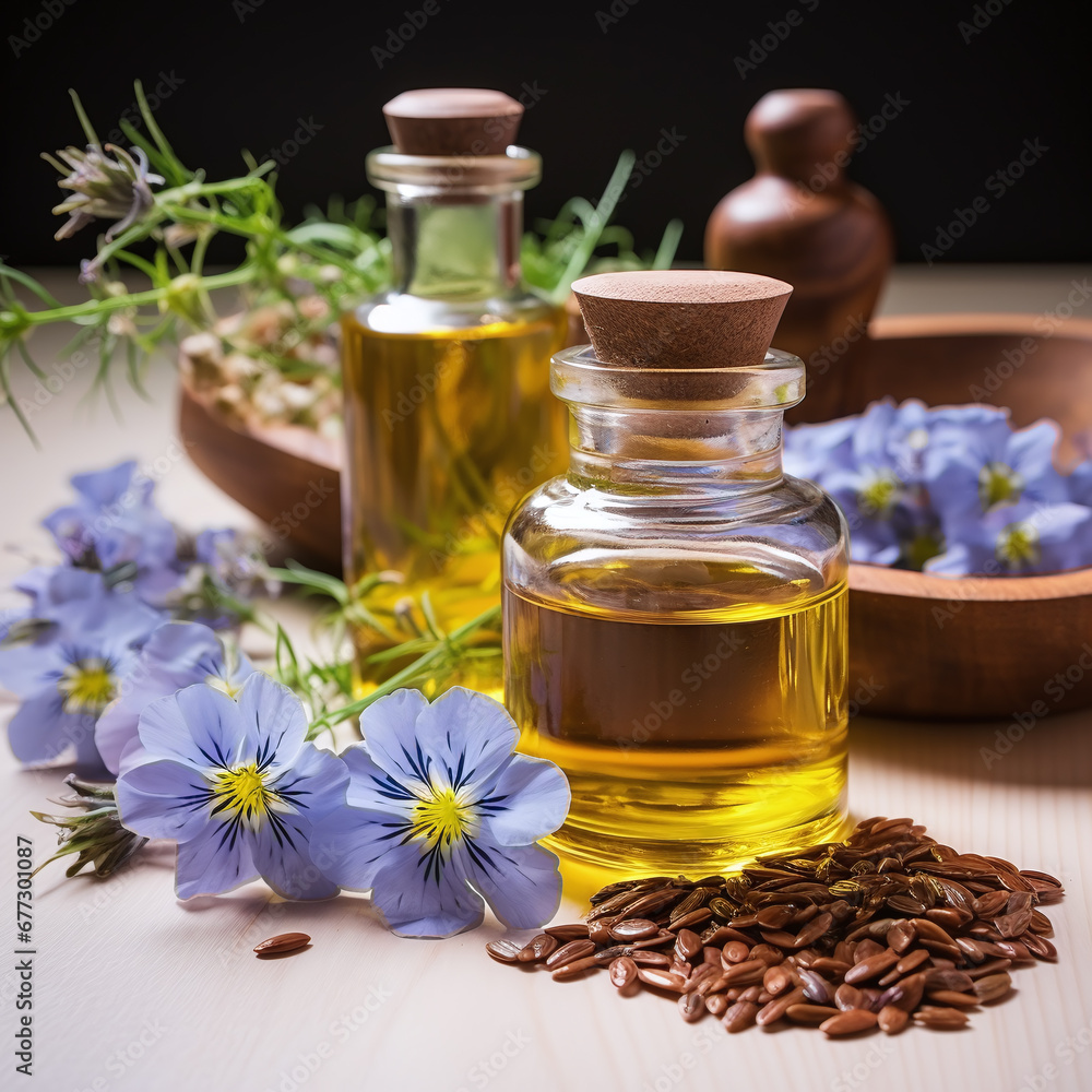 Still life with linseed oil in a glass carafe, linseeds and flowers as decortation on a wooden table against a dark background
Still life with linseed oil in a glass carafe, linseeds and flowers as decortation on a wooden table against a dark background