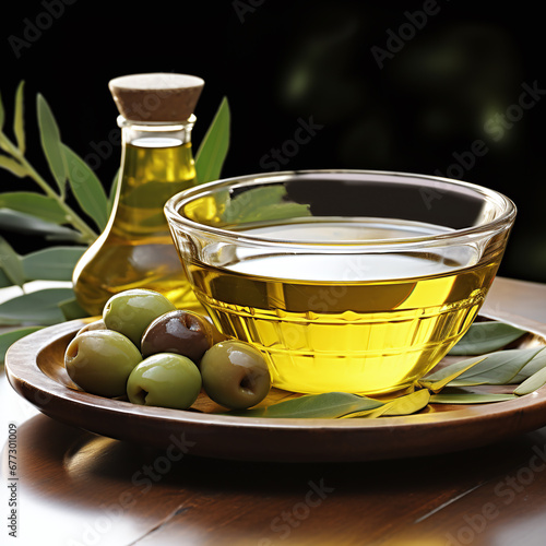  Still life with olive and olive oil in a bowl and bottle and leaves from olive tree as decortation on a table 