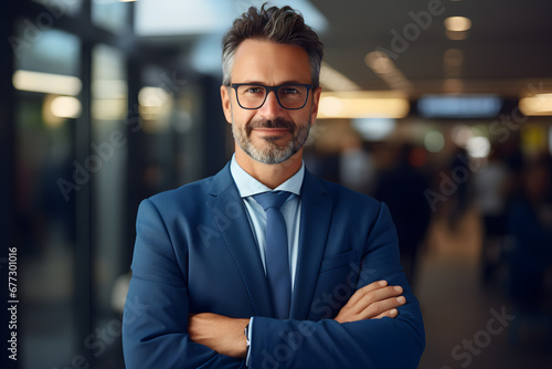A confident middle-aged businessman CEO stands in his office, wearing a blue suit with his arms crossed, professional and proud, exuding leadership as a successful executive manager or lawyer,