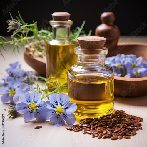 Still life with linseed oil in a glass carafe, linseeds and flowers as decortation on a wooden table against a dark background
 photo