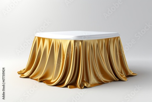 Elegant Gold Tablecloth Adds Glamour to White Table Generative AI