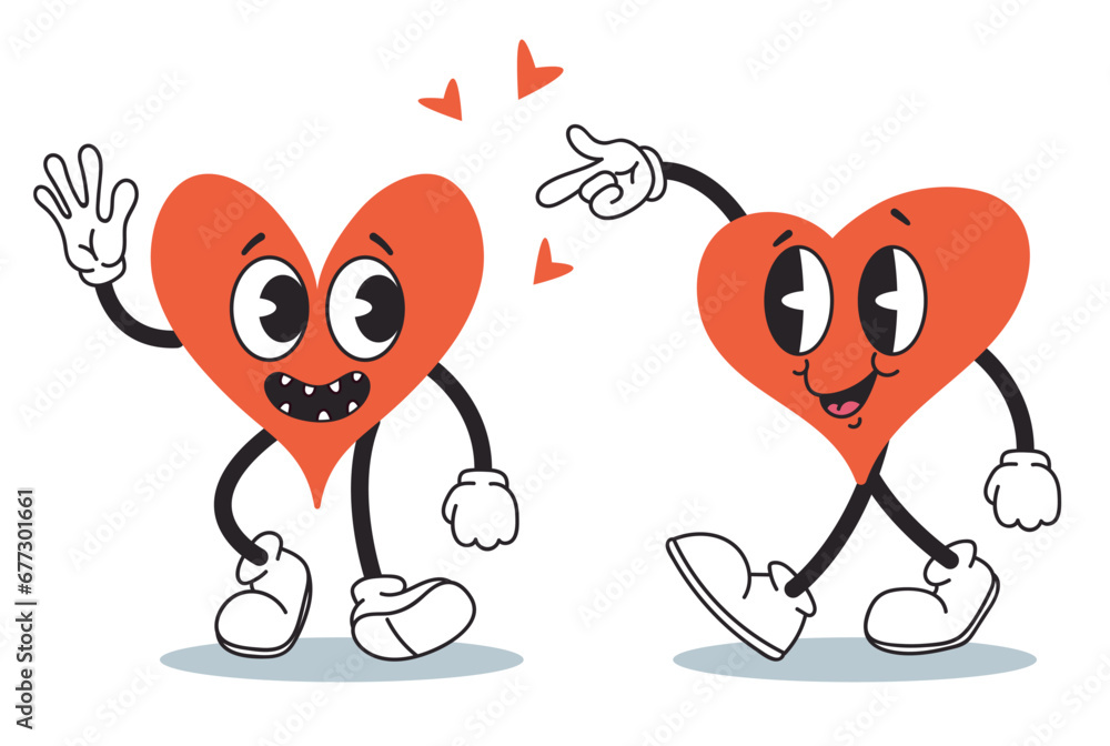 Obraz premium Heart retro cute character love cartoon isolated set. Vector flat graphic design illustration