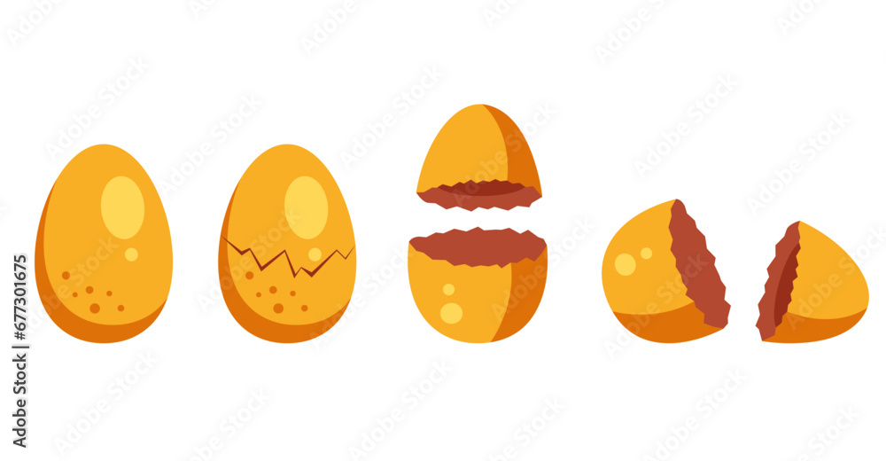 Golden egg broken open eggshell isolated set. Vector flat graphic design illustration Golden egg broken open eggshell isolated set. Vector flat graphic design illustration