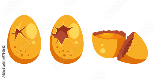 Golden egg broken open eggshell isolated set. Vector flat graphic design illustration