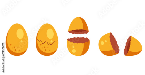 Golden egg broken open eggshell isolated set. Vector flat graphic design illustration