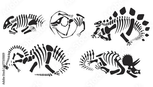 Dinosaur fossil skeleton silhouette animal skull isolated set. Vector flat graphic design illustration