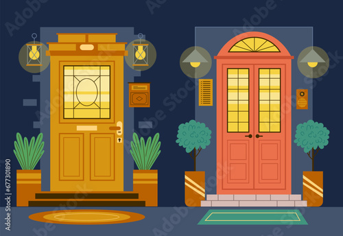 Front door house apartment interior night concept. Vector flat graphic design illustration