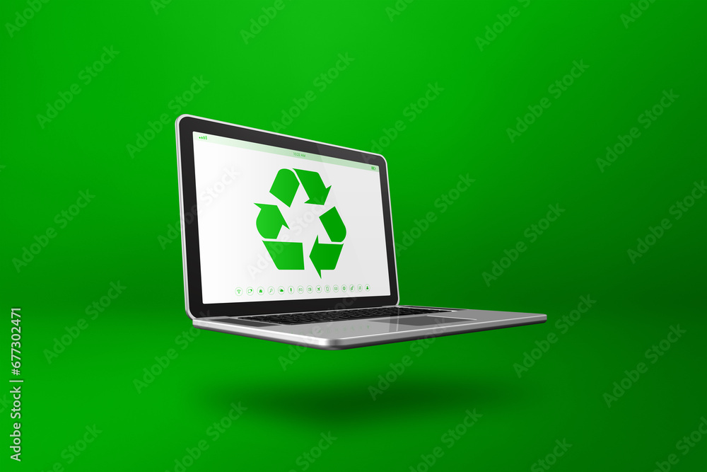 Laptop computer with a recycling symbol on screen. environmental conservation concept Laptop computer with a recycling symbol on screen. environmental conservation concept
