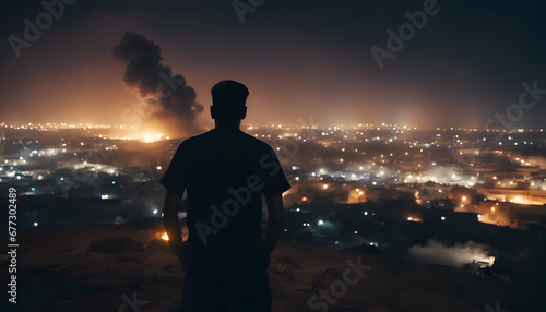 Silhouette of a man standing on top of a hill and looking at the city at night