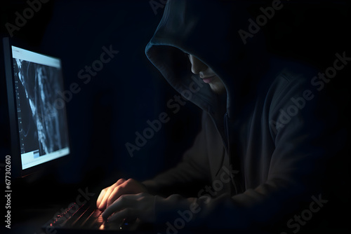 Hooded hacker stealing information from computer at night. Dark background