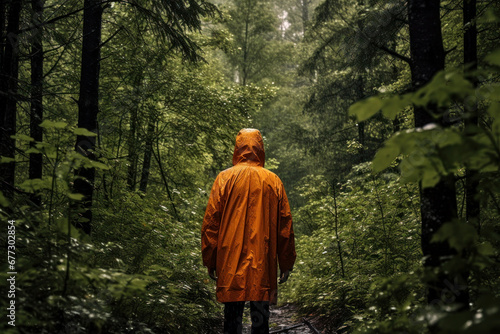 A man in an orange raincoat in the middle of a wet forest. Search for missing people rescue operations #677302854