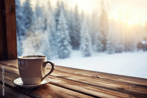 Mug of hot cocoa on a rustic wooden table with a view of snowy outdoors. Generative AI