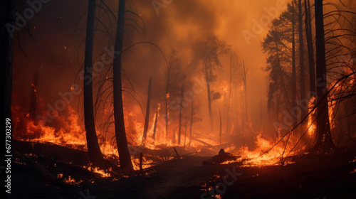 Forest fire trees on fire flames forest protection environment photo