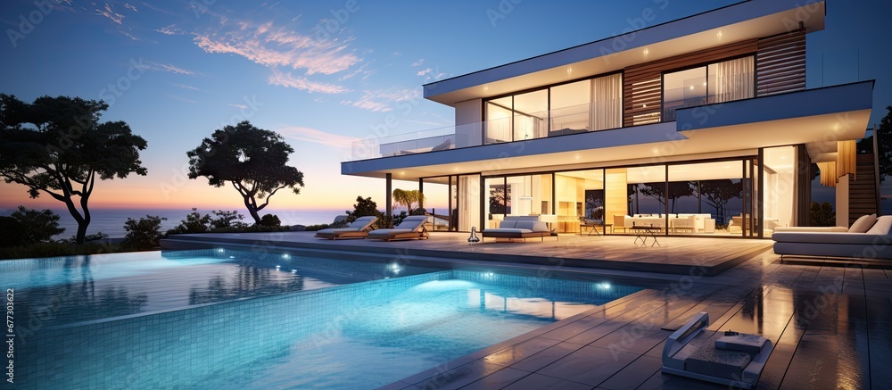 Fototapeta premium 3D model of a contemporary villa featuring a pool Copy space image Place for adding text or design