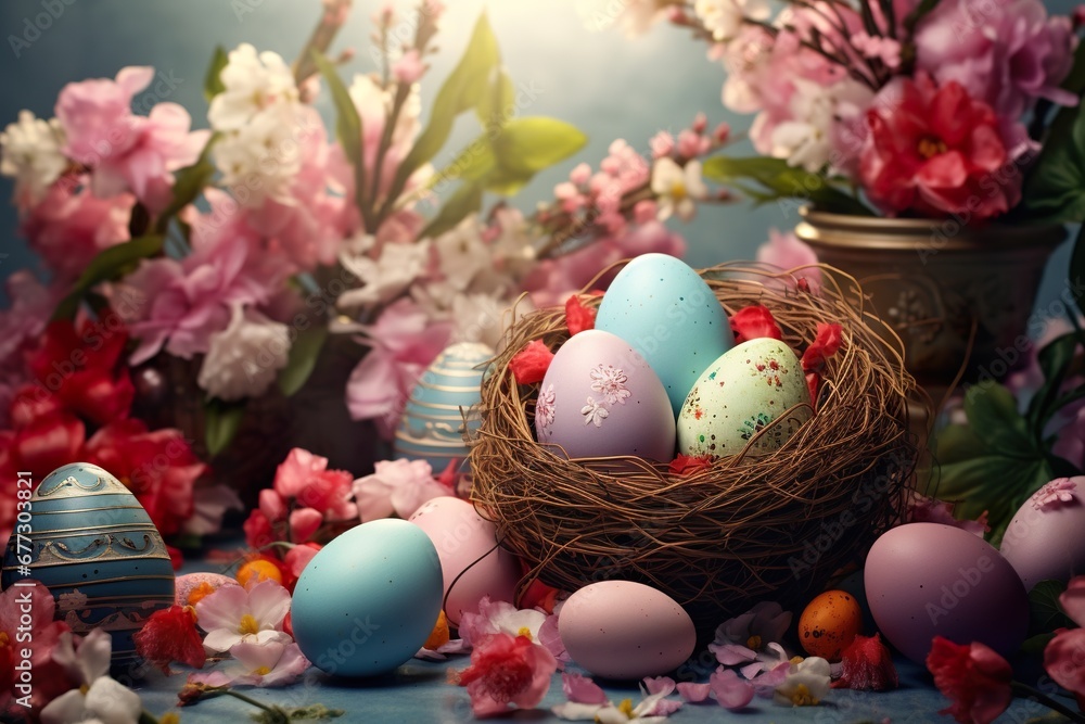 Vibrant Easter Blooms and Egg basckground. Vibrant Easter Blooms and Egg basckground.