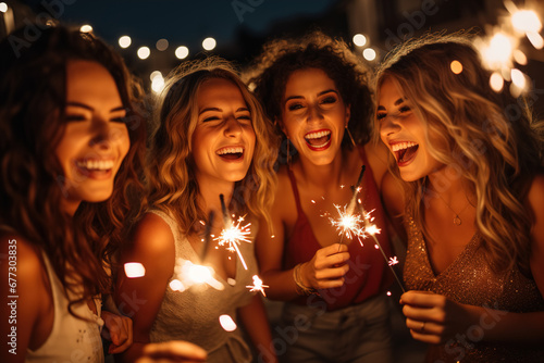 A group of friends laughing and lighting fireworks on a dark night.
