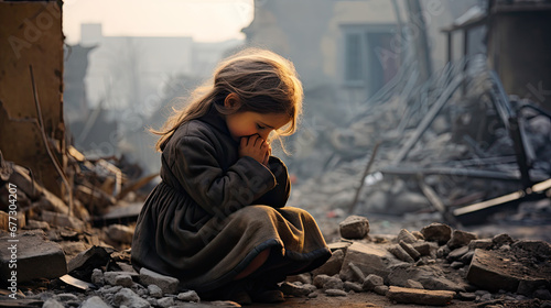 A frightened little girl hopes for her mother's return in a war-torn town