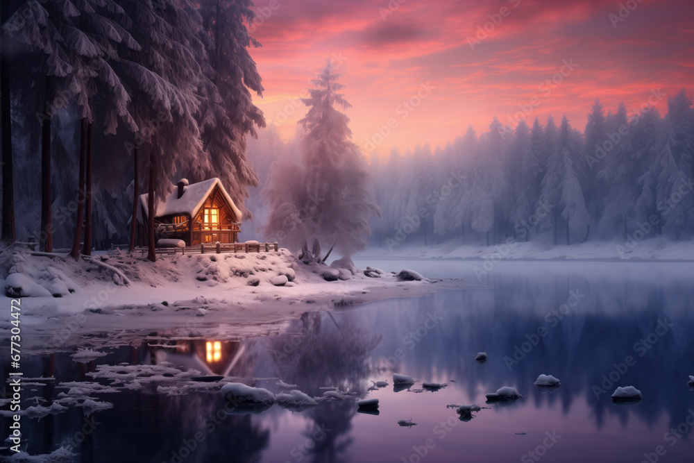 Fototapeta premium Winter landscape with a chalet by the lake, surrounded by frost covered trees under a pink sunset sky