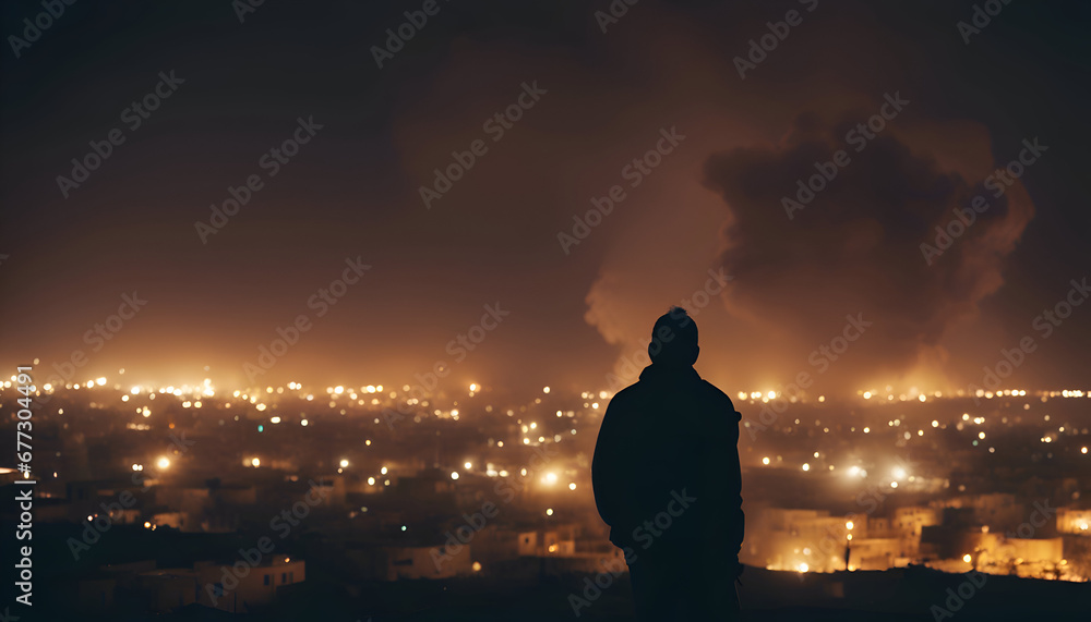 Silhouette of a man against the background of the city at night