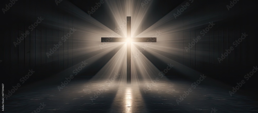 3D rendered background with space for text depicting a cross in a dark room illuminated by a Christian light Copy space image Place for adding text or design