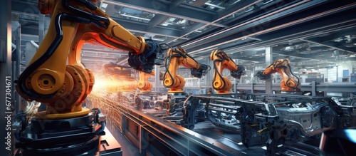 3D concept for car factory automated robot arm assembly line for manufacturing high tech electric vehicles using green energy Industrial production with automatic construction building welding photo