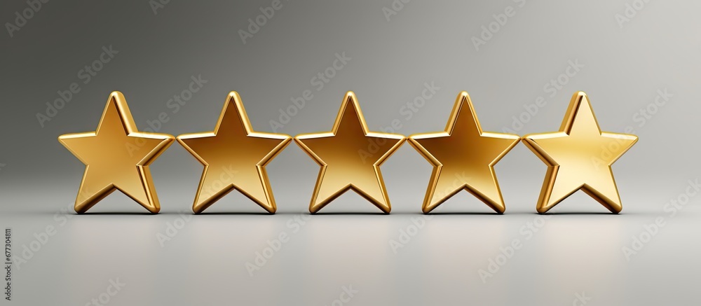 Fototapeta premium 3D white chat icon with five golden rating stars on white background 3D rendering Copy space image Place for adding text or design