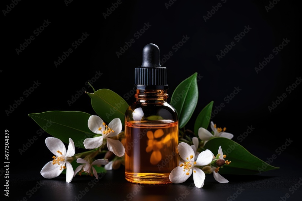 A bottle of essential oil with neroli flowers and leaves. Glass bottle on white background. A bottle of essential oil with neroli flowers and leaves. Glass bottle on white background.