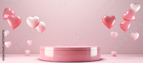 3D pedestal display with flying hearts romantic background blank stand for showcasing product Copy space image Place for adding text or design