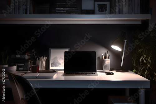 Comfortable workplace with modern laptop and stationery on table at night