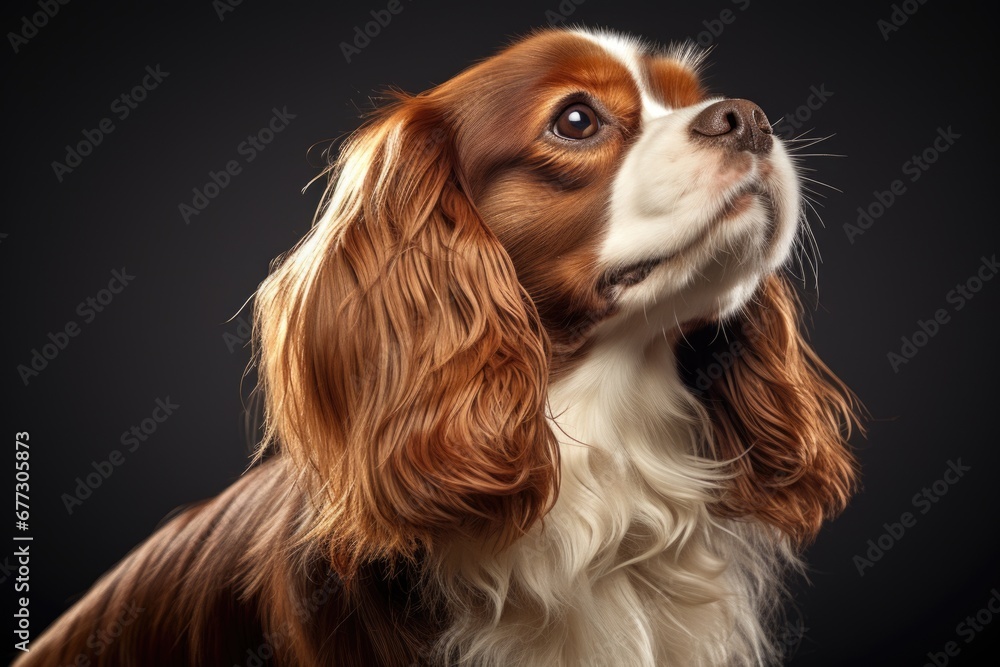 Naklejka premium A close up of a spaniel dog with a black background.