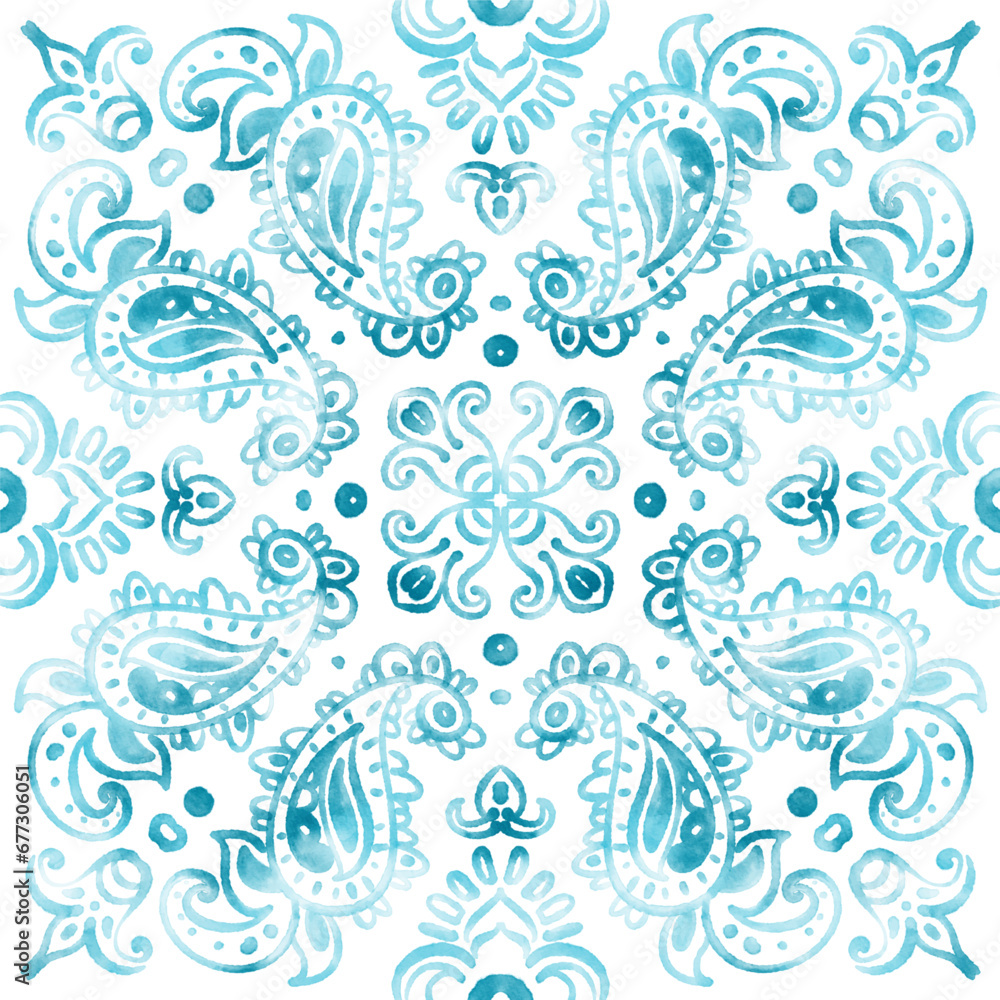 Repeating Christmas New Year Pattern. Abstract winter watercolor tile ornament with vibrant colors - blue, turquoise. Seamless swirl pattern on a white background. Large format. Repeating Christmas New Year Pattern. Abstract winter watercolor tile ornament with vibrant colors - blue, turquoise. Seamless swirl pattern on a white background. Large format.