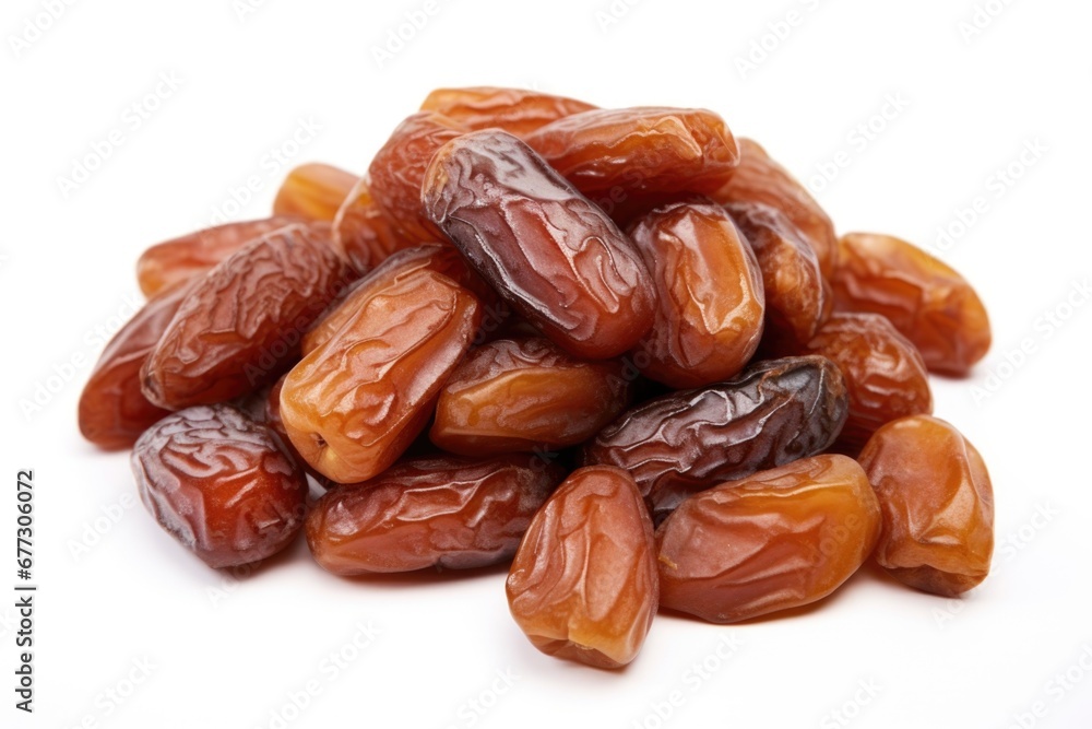 A pile of dried dates on a white surface. A pile of dried dates on a white surface.