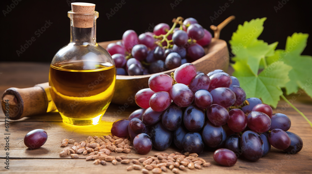 Still life with grape seed oil in bottles with grapes and grape seed and leaves as decortation Still life with grape seed oil in bottles with grapes and grape seed and leaves as decortation