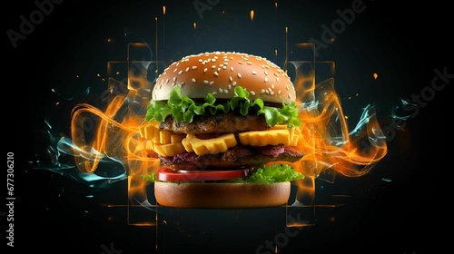 AI generated illustration of a hamburger surrounded by fiery orange flames photo