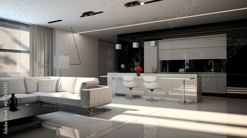 Minimalist style interior design of modern living room and kitchen with black and white furniture