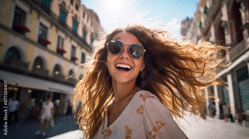 A woman with long hair and sunglasses on a city street. Generative AI.