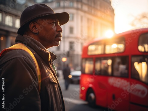 A man standing in front of a red double decker bus. Generative AI.