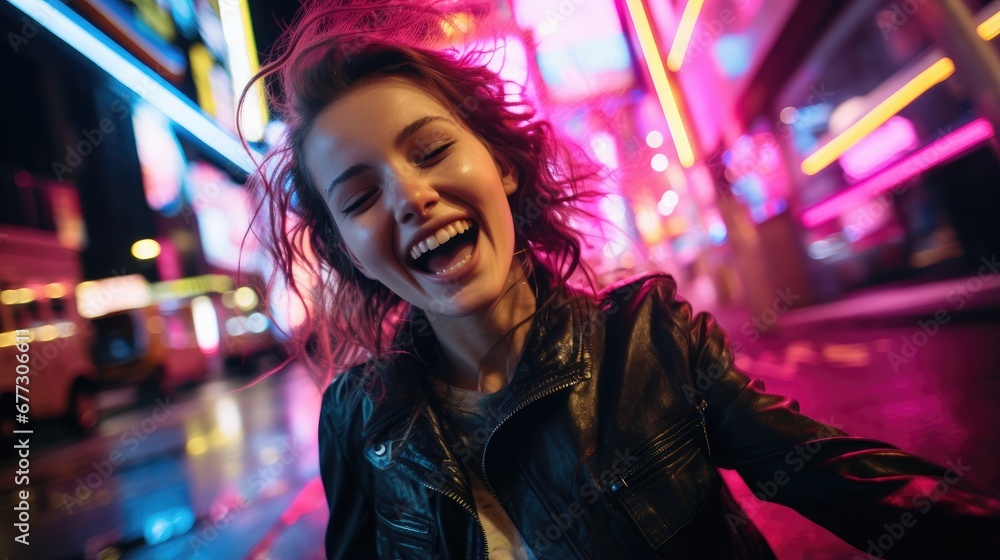 A woman in a black leather jacket smiling. Generative AI. A woman in a black leather jacket smiling. Generative AI.