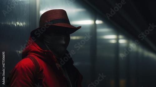 A man in a red jacket, black mask, and a red hat. Generative AI.