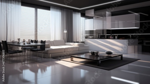 Minimalist style interior design of modern living room and kitchen with black and white furniture © Darya Lavinskaya