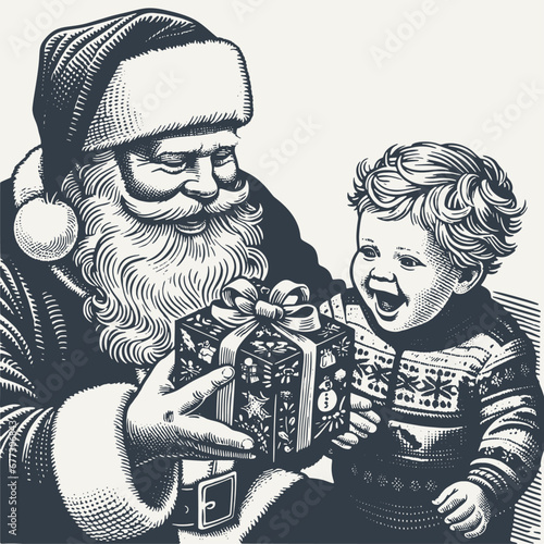 Santa Claus Gifting to an Overjoyed Toddler - Woodcut Style Illustration